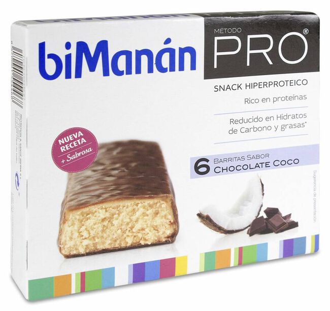 Bimanan Pro Barrita Chocolate y Coco Dieta Hiperproteica Hipocalorica 162 gr 27 gr X 6 U 