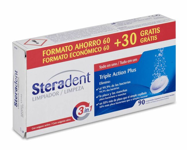 Steradent Triple Acción Plus Limpieza Protesis Dental 90 Comprimidos 