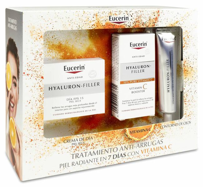 Pack Eucerin Hyaluron-Filler Crema Día Piel Seca + Sérum Vitamina C + Contorno Ojos, 50 ml + 8 ml + 15 ml