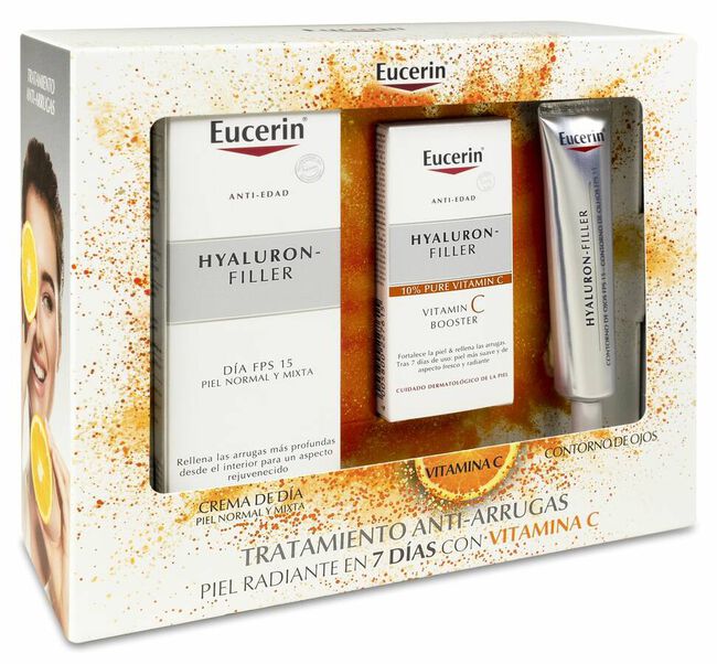 Pack Eucerin Hyaluron-Filler Crema Día Piel Normal/Mixta + Sérum Vitamina C + Contorno Ojos, 50 ml + 8 ml + 15 ml