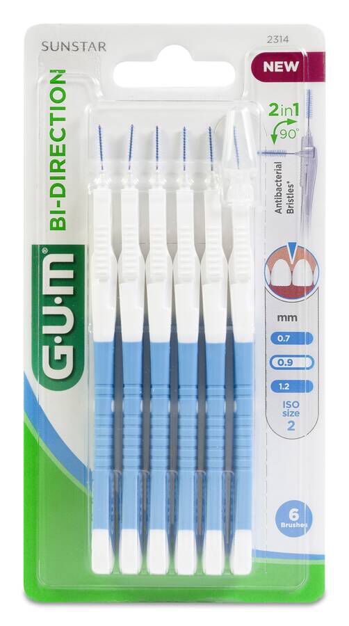 GUM Cepillos Interdentales Bi-Direction 0,9mm, 6 uds Azules