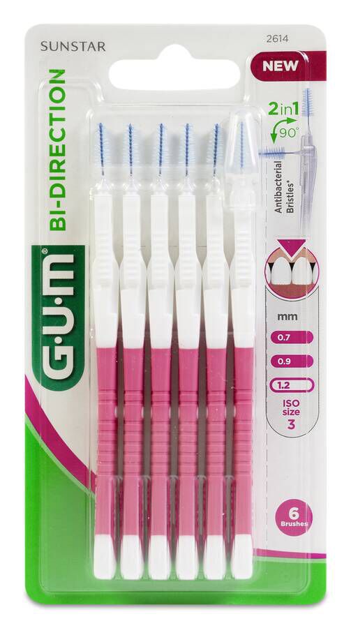 GUM Cepillos Interdentales Bi-Direction Rosas 0,9mm, 6 uds