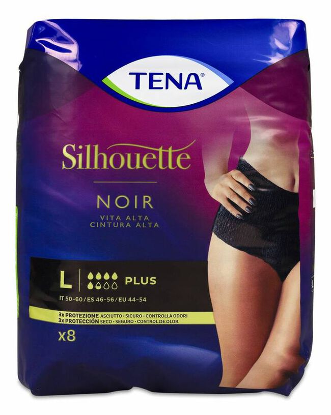 Tena Silhouette Normal Cintura Alta Negro Talla G, 8 Uds