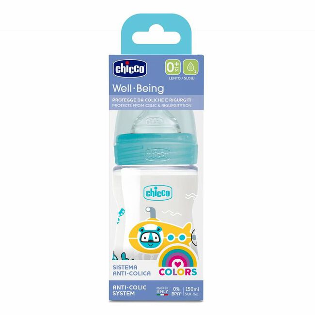 Chicco Biberón Well-Being Silicona +0 Meses Azul, 1 Ud