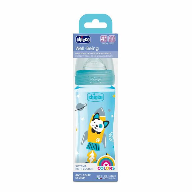 Chicco Biberón Well-Being Silicona 4m+ 330 ml Azul, 1 Ud