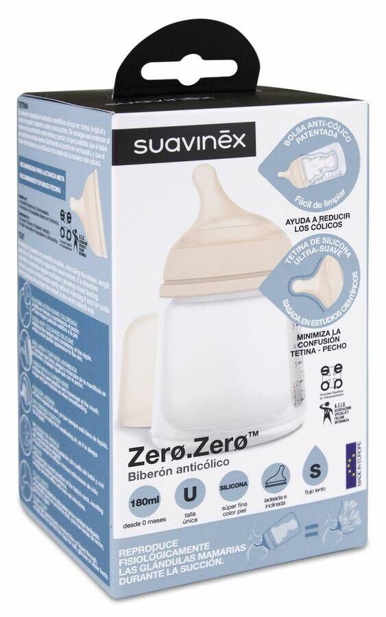 Suavinex Zero Zero Biberón Anticólicos 180 ml con Tetina de Flujo Lento, 1 Ud