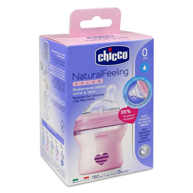 Chicco Biberón Natural Feeling Silicona 0m+ 150 ml Rosa, 1 Ud