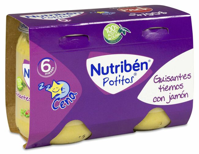 Nutriben Potitos Guisantes Tiernos con Jamón, 2 Uds