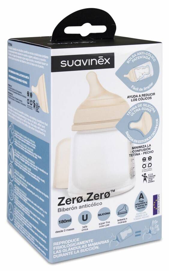 Suavinex Zero Zero Biberón Anticólicos 180 ml con Tetina de Flujo Adaptable, 1 Ud