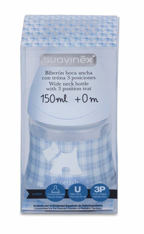 Biberon Pp Boca Ancha T Latex Anatomica Suavinex 150 Cc + T1 M Azul 