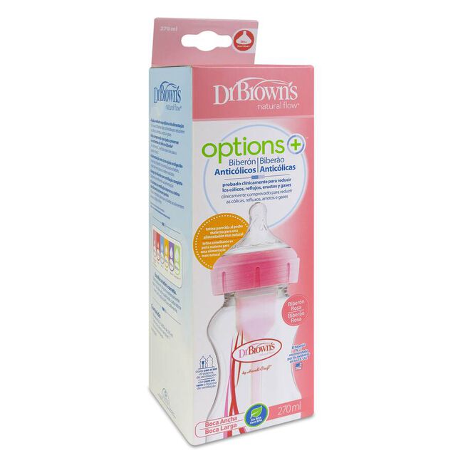 Dr. Brown's Options+ Biberón Boca Ancha Rosa 270 ml, 1 Ud