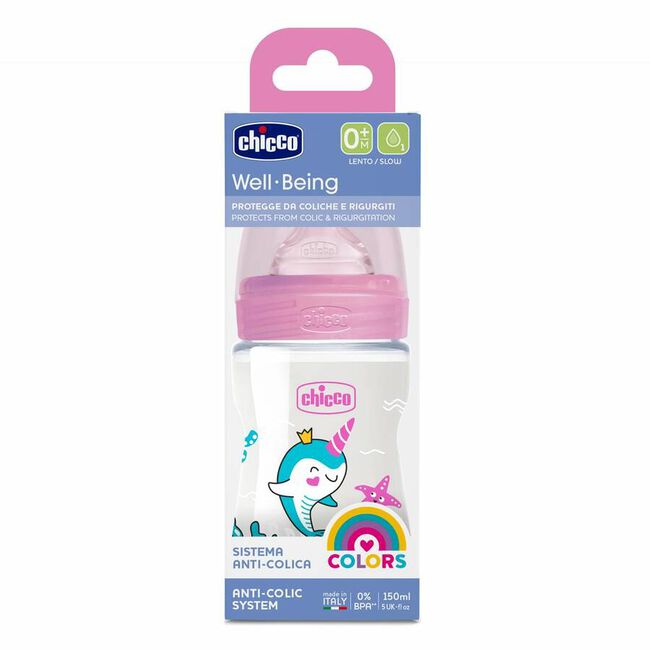 Chicco Biberón Well-Being Silicona +0 Meses Rosa, 1 Ud